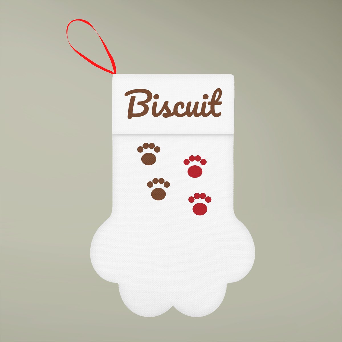 Pet paw stocking mockup with the name Biscuit